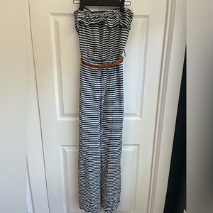 Striped Navy and White dresswith Braided Tan Belt